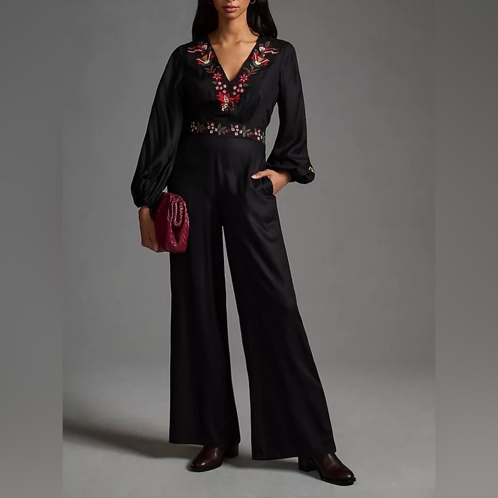 FARM Rio Black Wide-Leg Jumpsuit with Red & Green Floral Embroidery